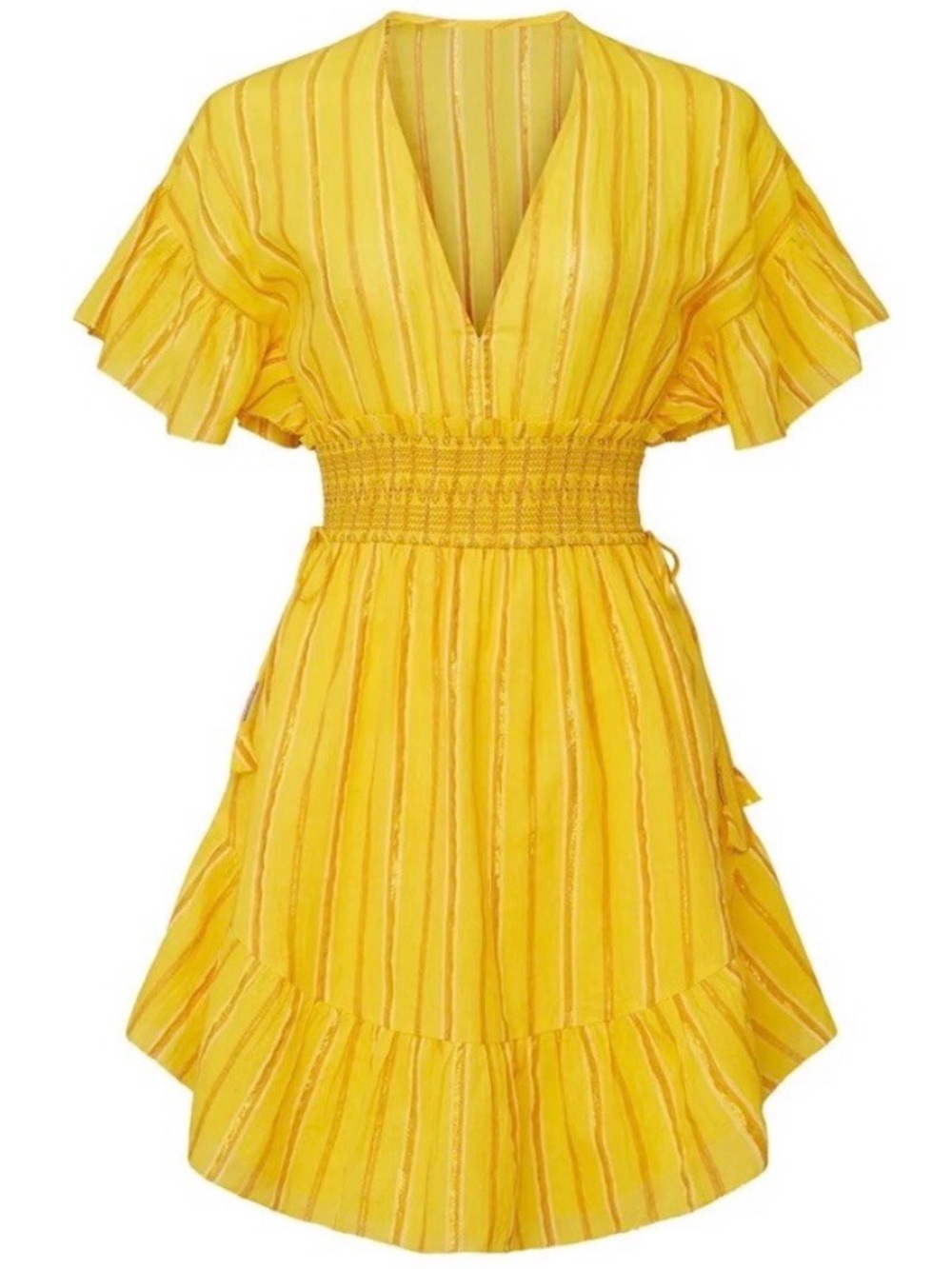 Saylor Adrianne Yellow Metallic Stripe Flutter Sleeve Mini Dress Sz M VGUC